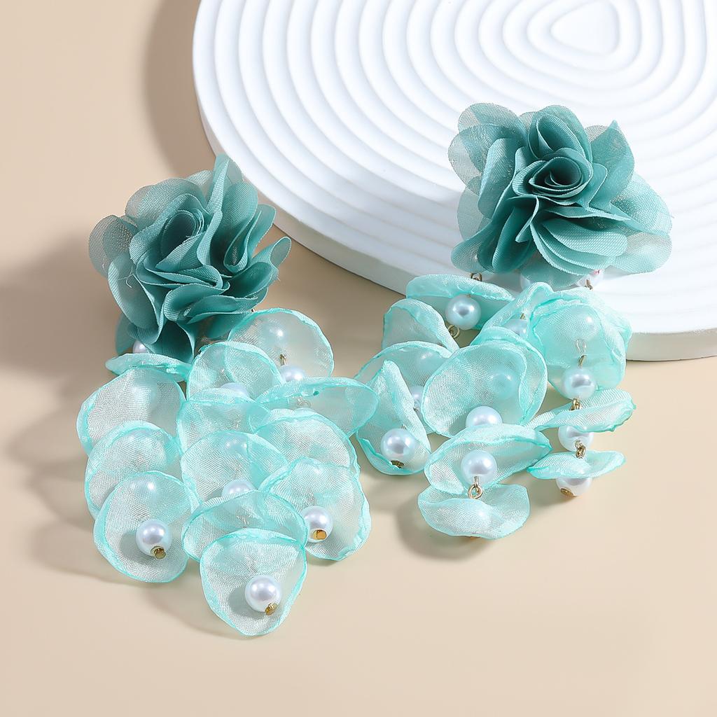 Summer New Floral Earrings Exaggerated Earrings Women's Bohemian Fabric Set with Pearl Flower Fringe Accessories