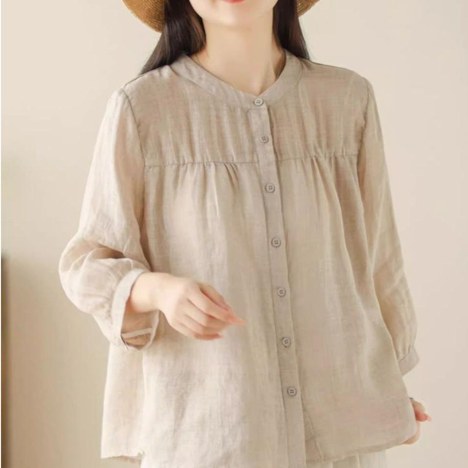 Summer Cotton Linen Casual Women's Blouse - Lightweight, Loose, and Slimming Seven-Sleeve Sunscreen Top
