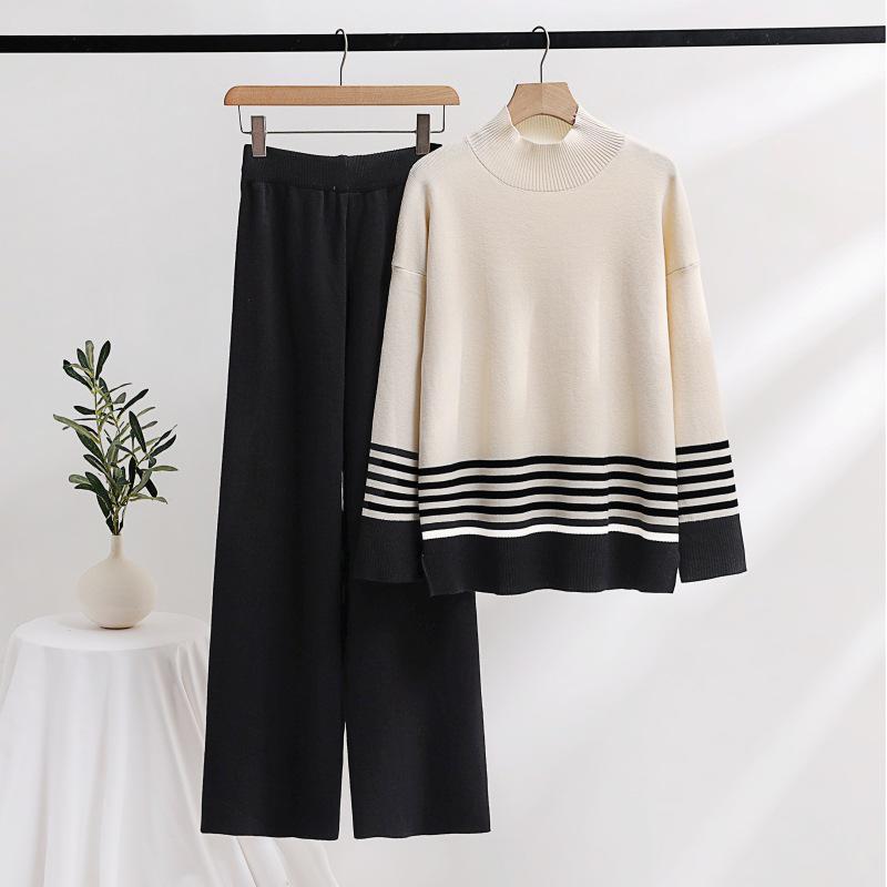 Women's Casual Fashion Two-Piece Suit: Knitted Top & Wide-Leg Trousers