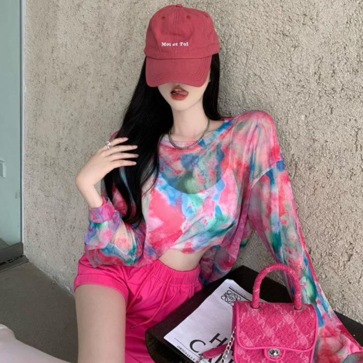 Tie-Dye Mesh Long-Sleeve T-shirt for Women Summer Thin and Semi-Sheer Sun Protection Top