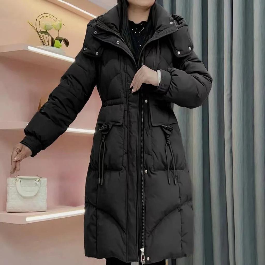 Women's Mid-Length Hooded Padded Jacket for Winter - Thick, Waist-Fitted with Horn Buckle, Ideal for Middle-Aged Mothers