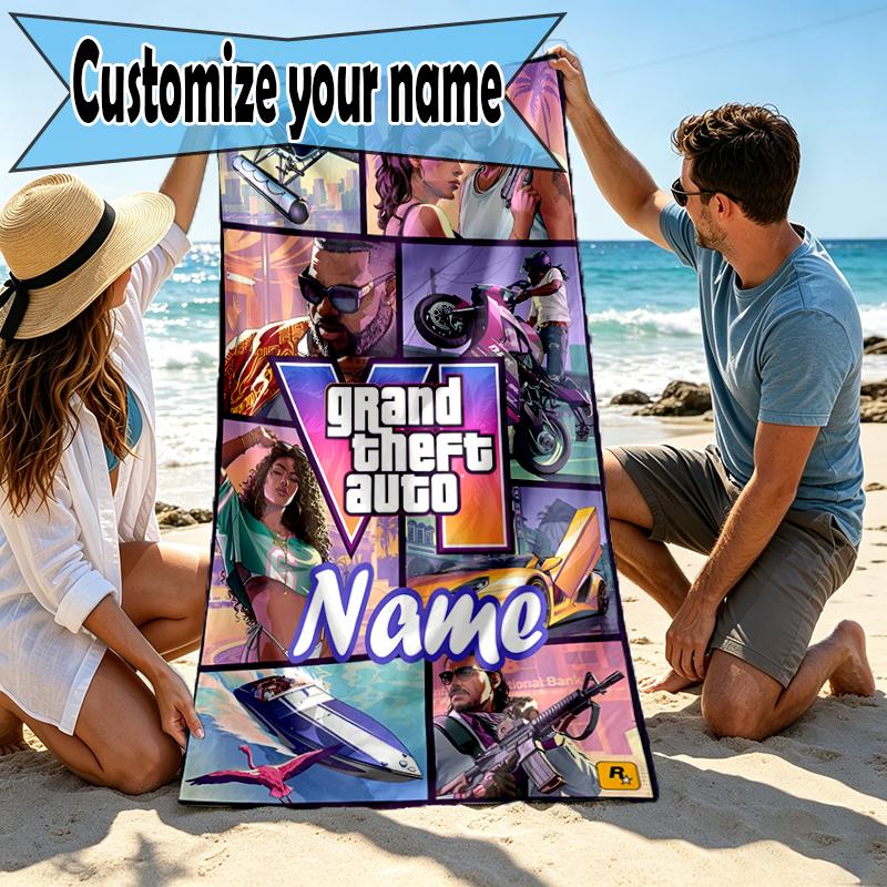 Custom Name Personalized Grand Theft Auto VI Print Beach Towel, for Trip Camping Beach Party Home Decor, Birthday Gift for Family & Friends