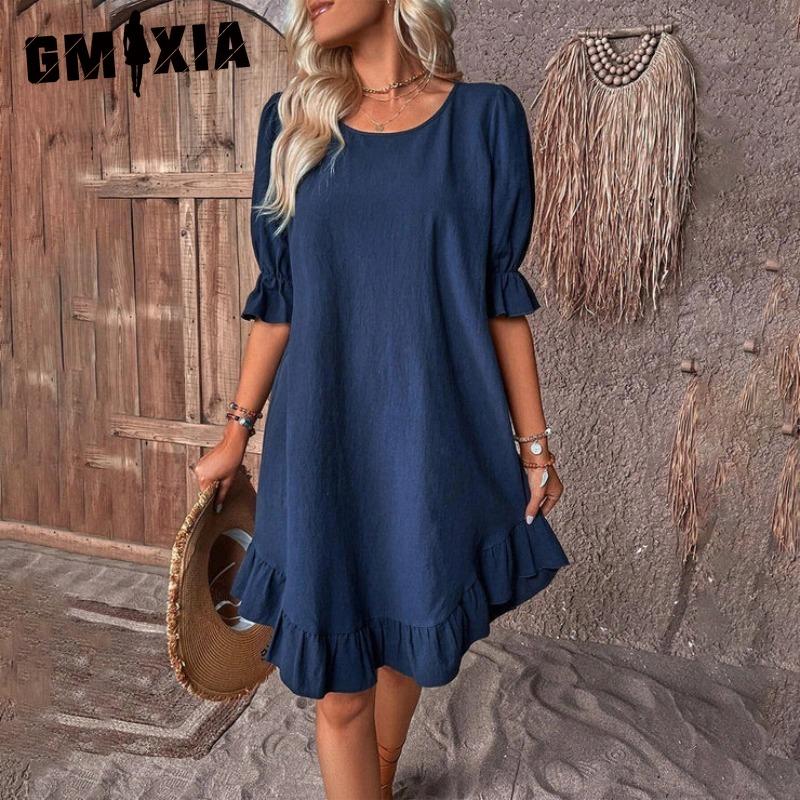 GMXIA Women's Fashion Summer Spring Solid Color Print O-Neck High Waist Casual Dresses
