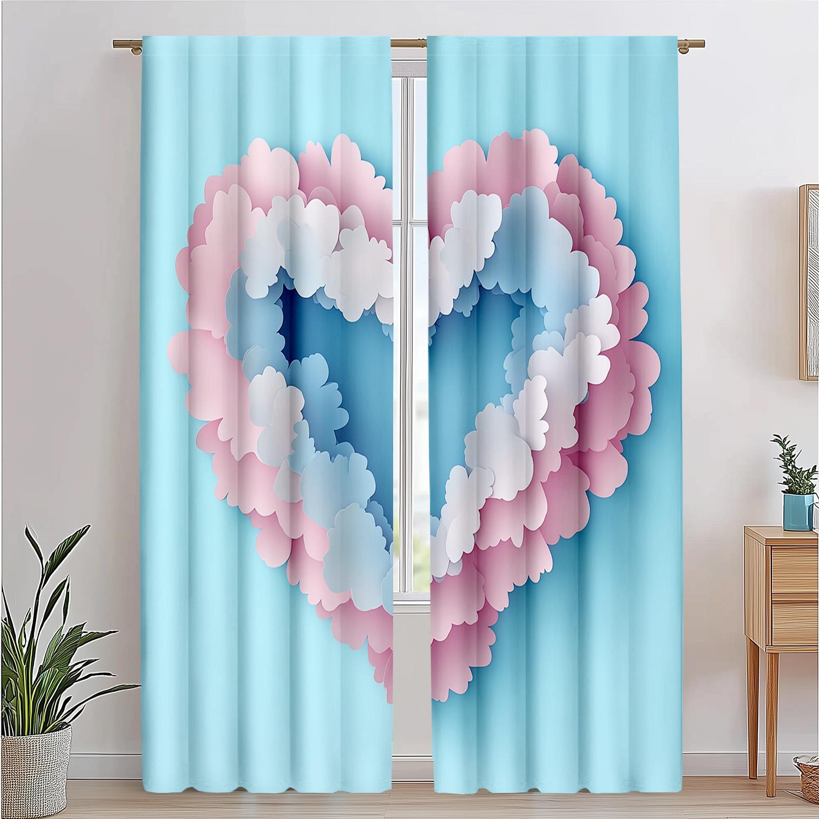 

2pcs Pastel Blue Pink Cloud heart Curtains - Light Filtering Window Drapes for Living Room Bedroom Game Room - Machine Washabl 100*130 Rod Pocket 1pcs