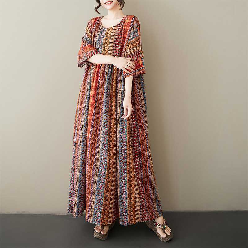 Printed Round Neck Shoulder with Sleeves, Large Swing Striped Dress for Women