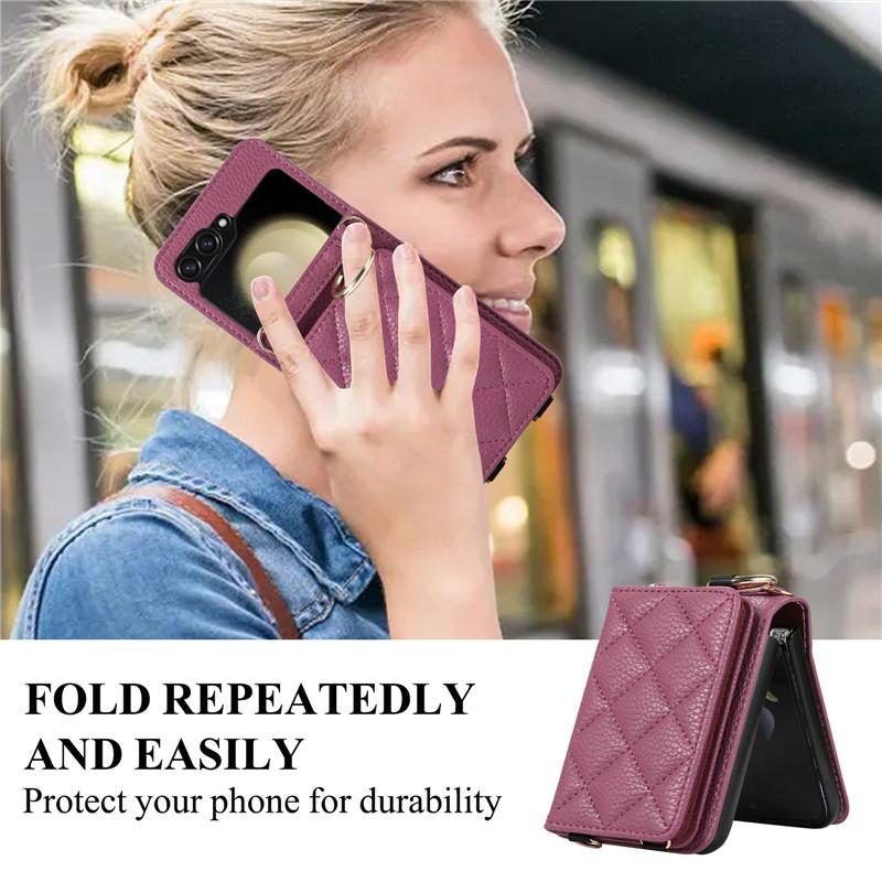Husă pentru telefon cu suport din piele pentru Samsung Galzxy Z Flip 5 4 3 Husă pentru carte de portofel cu inele Flip5 Flip4 Flip3 Geantă cu șnur