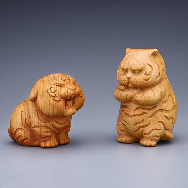Cypress Cute Tiger Baby Decorate small statues -Chinese characteristic wood carving Cute Home Room Office Healing Decoration