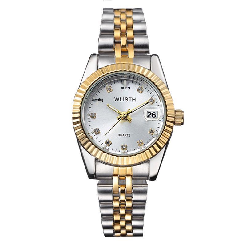 Matching Couple’s Watches: Fashionable, Waterproof, Luminous Quartz with Calendar in Two-Tone Steel for Men and Women