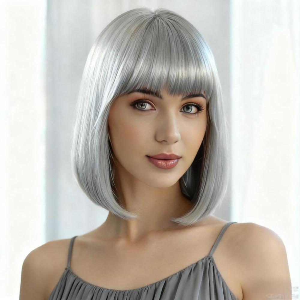 Synthetische kurze schwarzbraune blonde Perücken mit Pony für Damen, natürliche orange, pink, grau, gelbe Wellenhaare für tägliches Cosplay, Hochtemperaturfaser