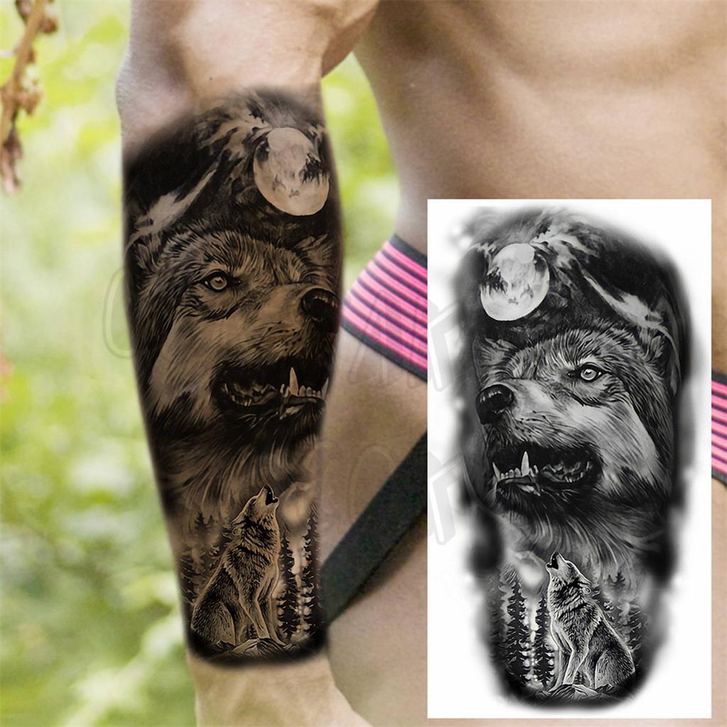 1 Sheet Lion Wolf Skeleton Nun Tiger Black Temporary Tattoos For Men Adult Leg Arm Compass Flower Fake Tattoo Sticker Waterproof