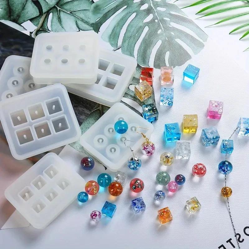 4Pcs Transparent Silicone Bead Mould Rectangle Square Ball 6 Hanging Holes DIY Epoxy Resin Jewelry Making Mold