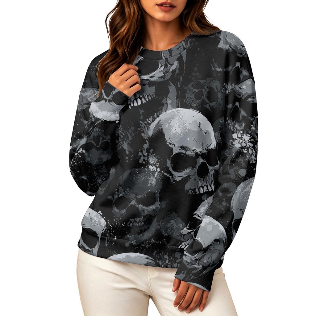 Women's Fashion Long Sleeve Halloween Print Crewneck Sweatshirt Top for Casual Wear