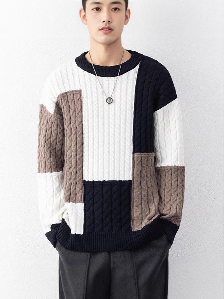 Men's Retro Color Block Slim Fit Sweater - Youthful Lazy Style Round Neck Knitwear Top for Autumn and Winter