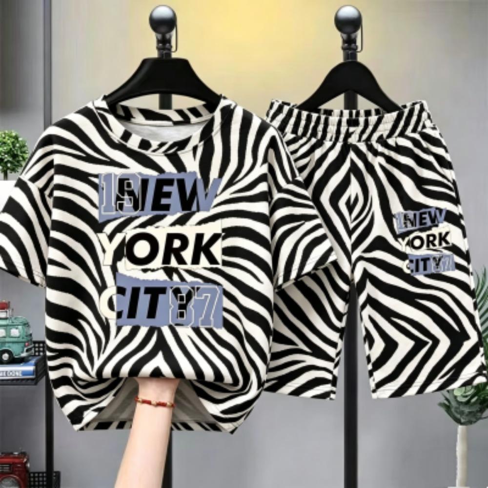 Personalized Colorful Stripes Letter Printed Kids T-shirt and Shorts 2 Piece Set Summer Casual Outfit for Boys and Girls Kids T-shirt Set