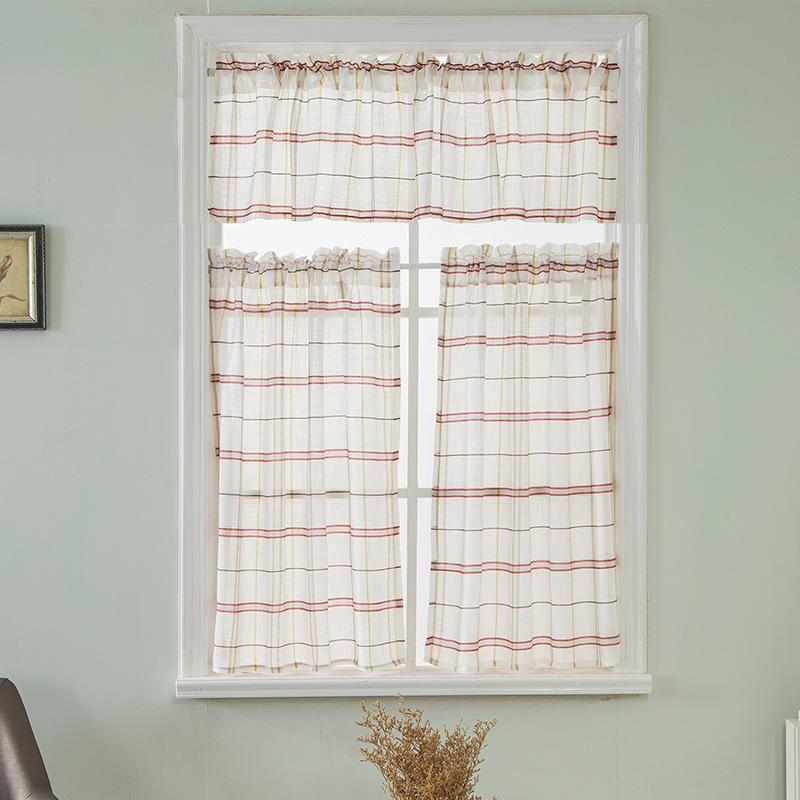 Kitchen Curtains Linen Plaid Yarn Piercing Rod Finished Linen Curtains