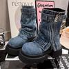 Women Cowboy Mid-calf Boots Zipper Platform Mid Heels Designer Shoes Winter New Motorcycle Boots 2025