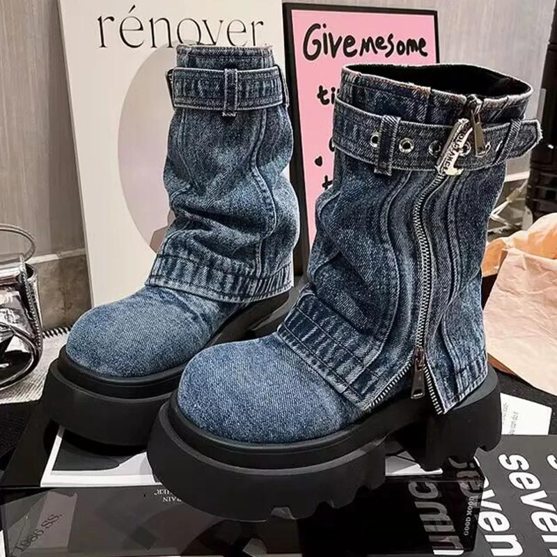 Women Cowboy Mid-calf Boots Zipper Platform Mid Heels Designer Shoes Winter New Motorcycle Boots 2025