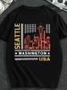 Seattle Skyline Vintage Seattle Washington T-Shirt Casual High Neck, Regular Fit, Slight Stretch Fabric, Print Pattern,