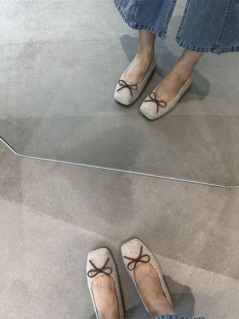 Gentle Cream Tie Bow Flat Shoes Lazy One Pedal Shallow Mouth Square Head Flat Heel Single Shoes Fluffy Shoes Suede Shoes