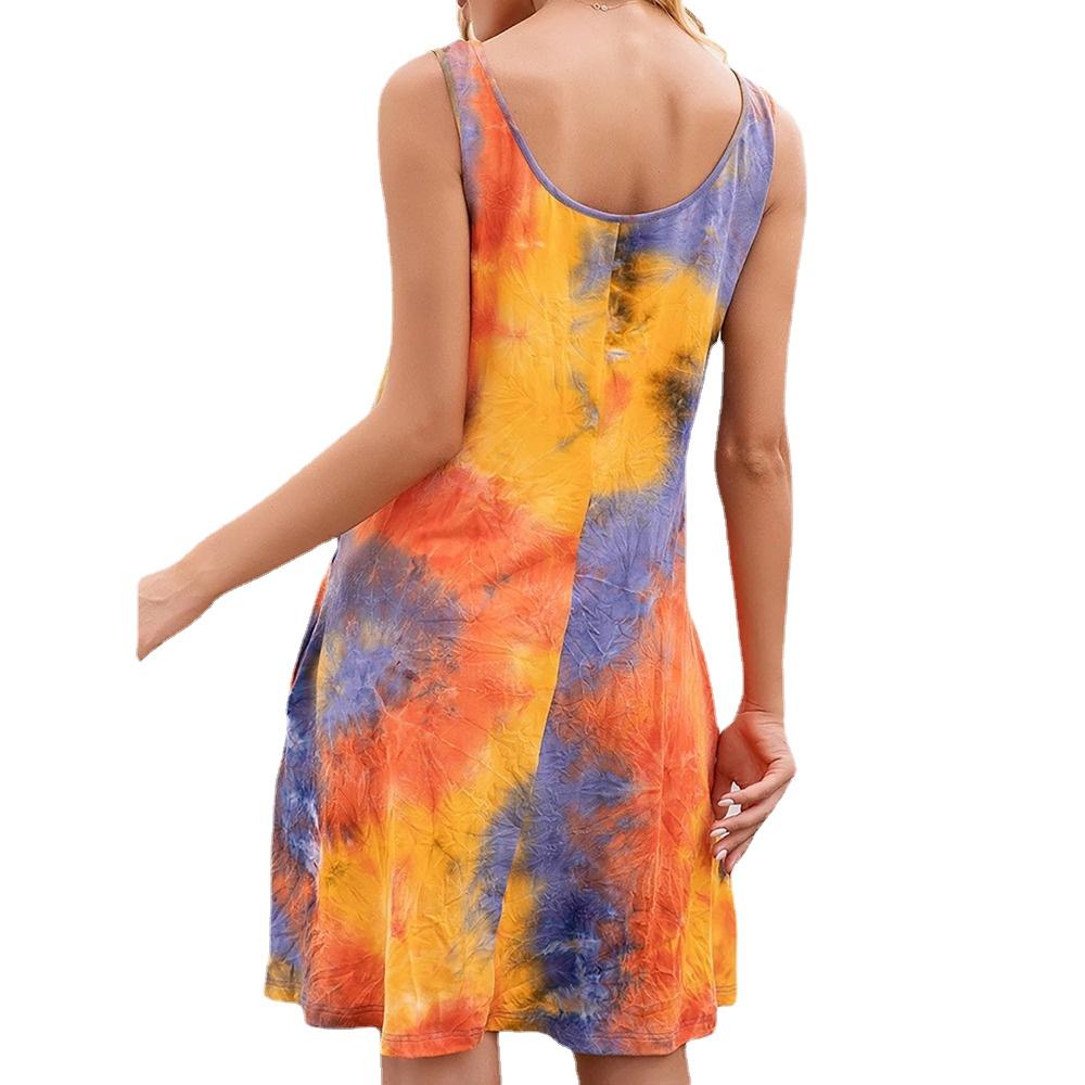 IHUASU Summer Women's Sleeveless U-Neck Pocket Tie-dye Printed Tank Top Halter Dress
