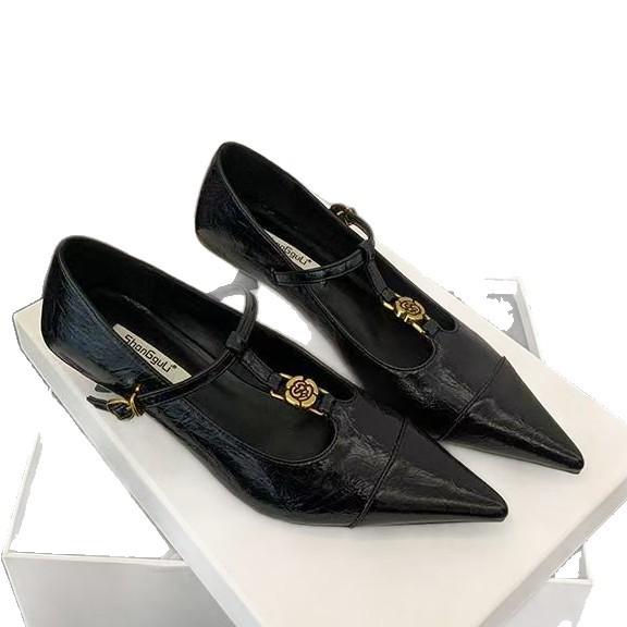 Premium sense pointed single shoes women's thin heels 2025 French temperament camellia shallow mouth evening Mary Jane high heels