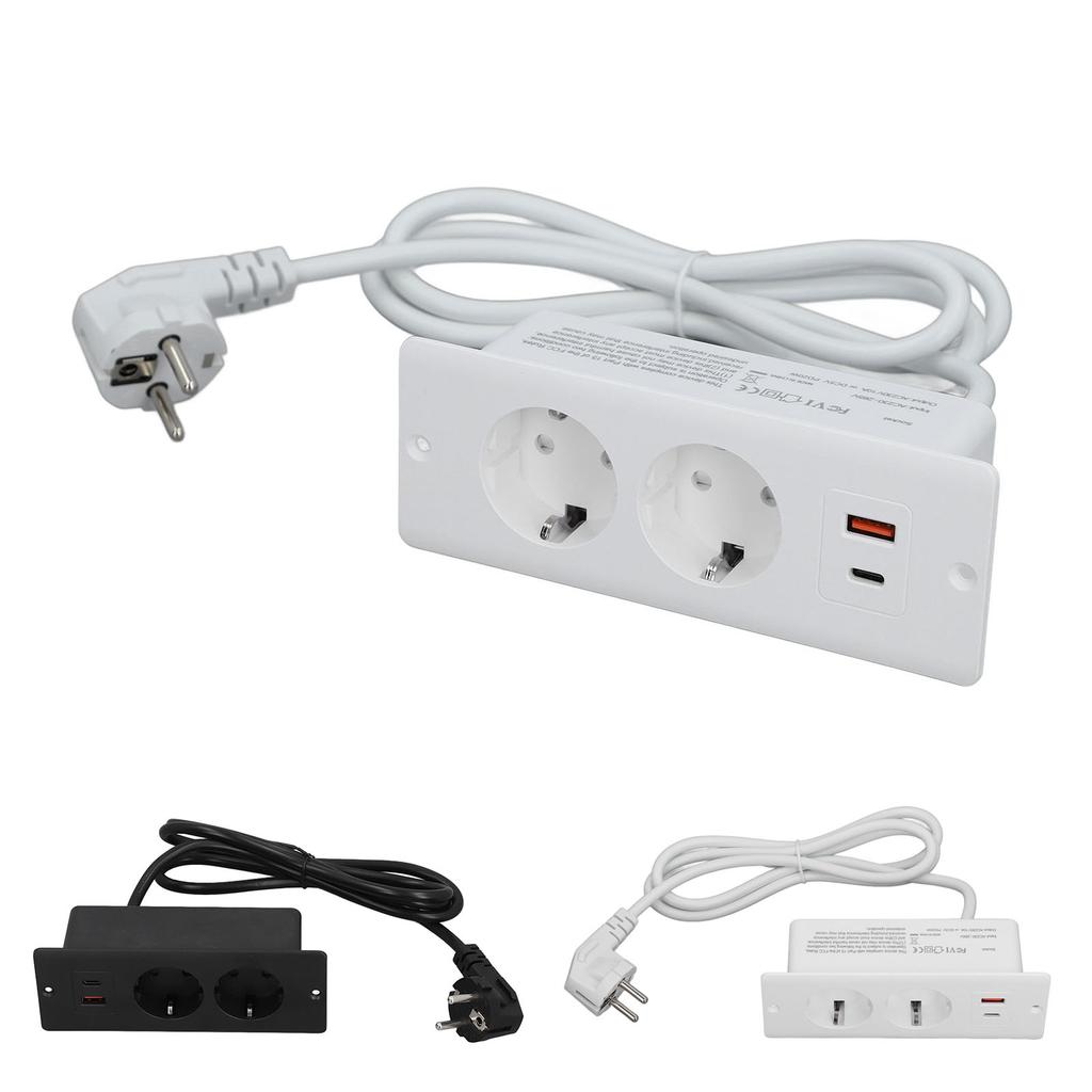 Recessed Socket 2 Outlets with PD20W USB C USB A Port Embedded Furniture Power Strip 1.5m Cord
