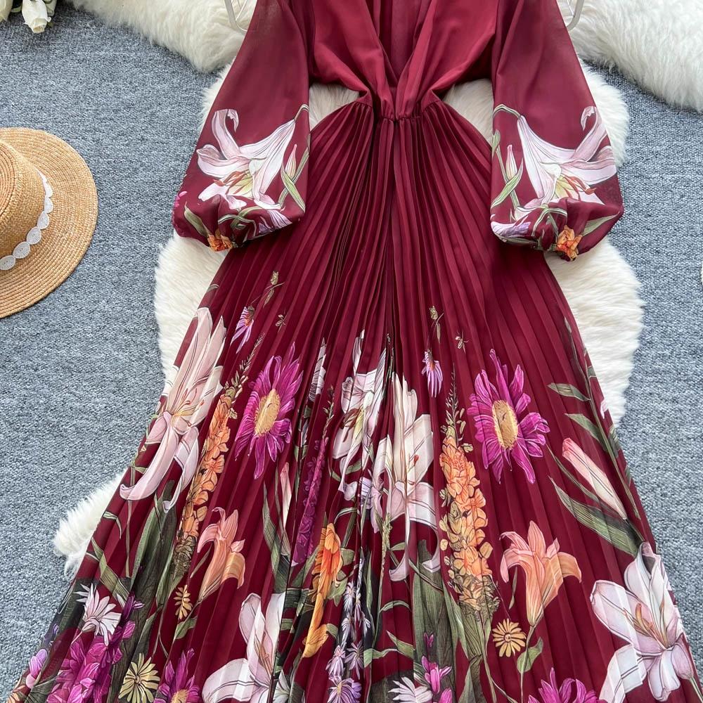Hochwertiges bedrucktes Kleid für Damen Frühling Herbst A Schlank machende Taille und elegantes plissiertes langes Damenkleid