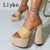 Fashion Liyke Cozy Wood Thick Bottom Open Toe 13.5CM Square High Heels Platform Slippers For Woman Shoes Summer Sandals Zapatos Mujer