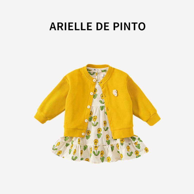 French Arielle De Pinto Girls  Dress Set, Spring and Autumn Stylish Children s Floral Jacket Yellow 80cm