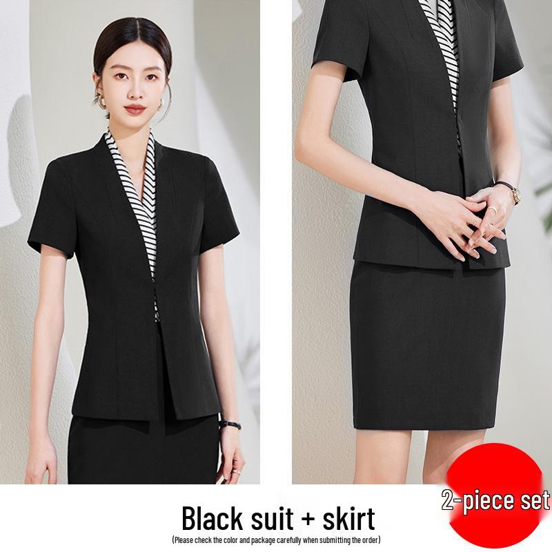 Chic Black Short-Sleeved Collarless Suit Set: Professional Workwear for Sophisticated Women