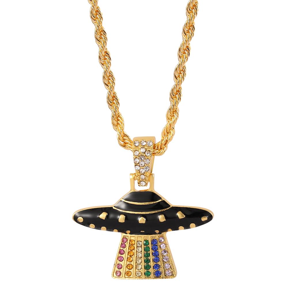 

Hip Hop Creative Spaceship UFO Necklace UFO Colorful Shine Light Beam NeckChain For Man Women Rapper Jewelry Gifts