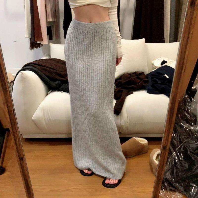 Temperament: Women s High-End Ribbed Knit Midi Pencil Skirt XL (approx. 120-135 lbs) светло-серый