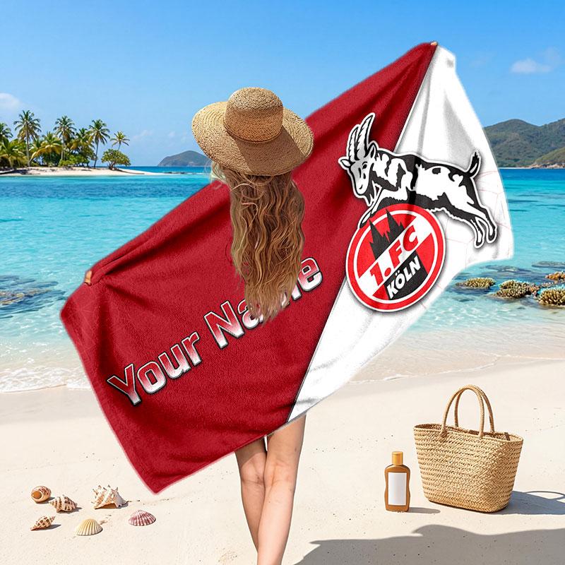 FC Köln Custom Beach Towel, Personalized Name Text Print, Football Logo Soft Quick‑Dry Towel Holiday Gift