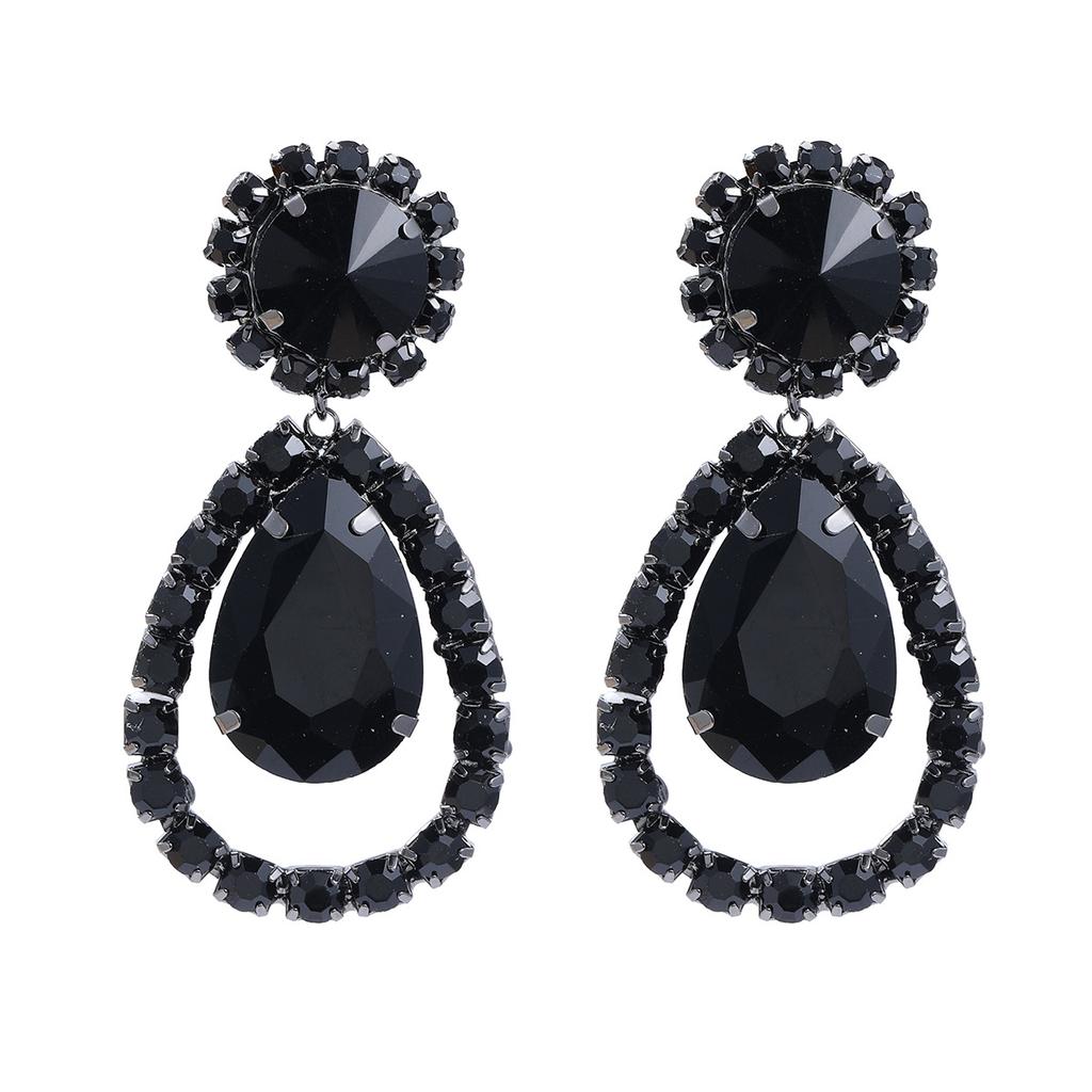 European Black Rhinestone Water Drop Dangle Earrings for Women New Shiny Exaggerated Design Zircon Wedding Accessories