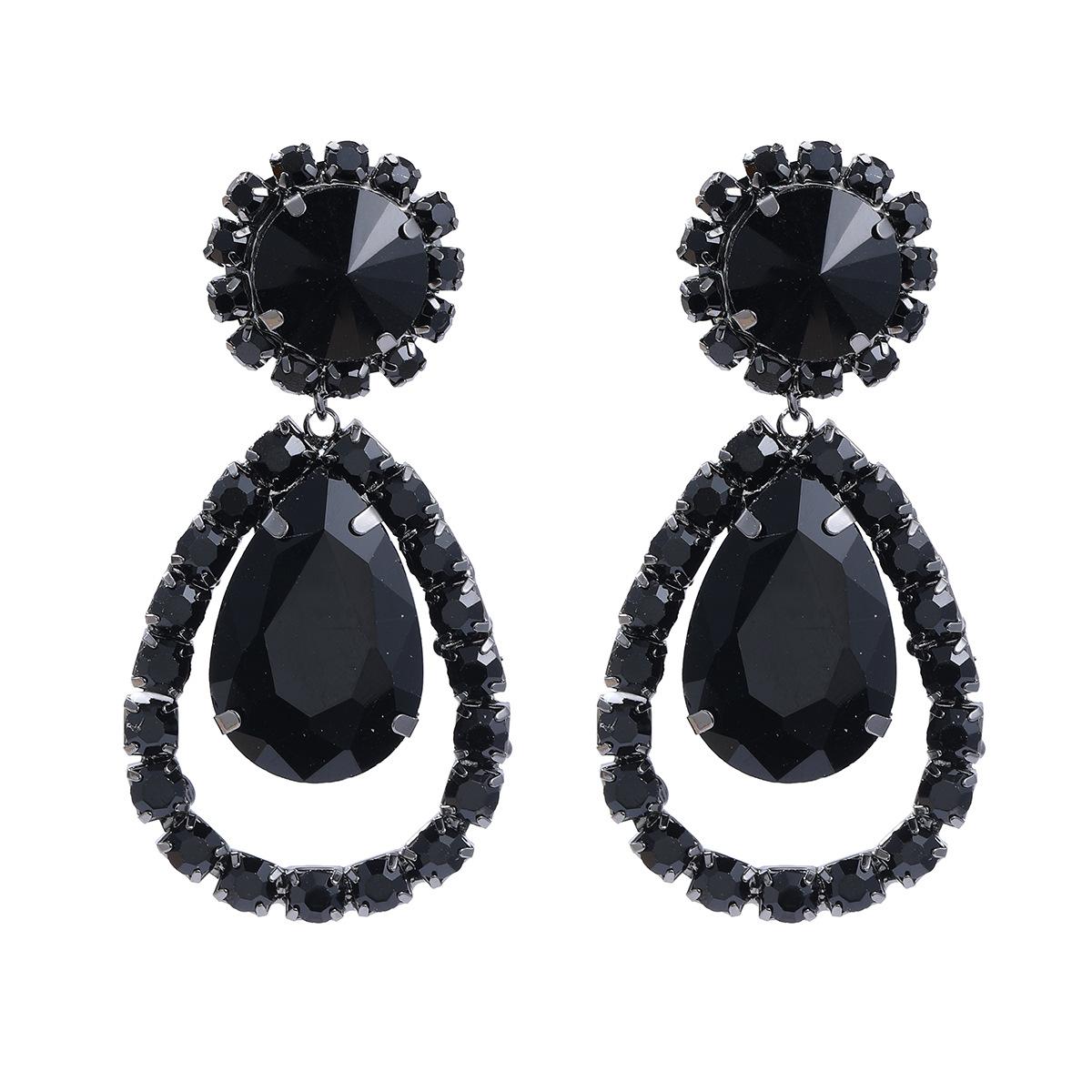 

European Black Rhinestone Water Drop Dangle Earrings for Women New Shiny Exaggerated Design Zircon Wedding Accessories чорний
