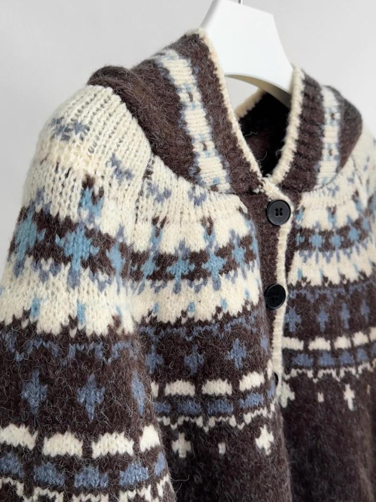 Dorothy Fair Isle Retro Pletený kardigan s kapucí - Dámský zesílený svetr ke všemu