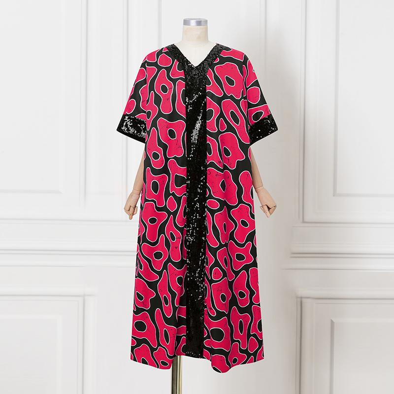 Plus Size Summer Women Round Neck Half Sleeve Print Ruffled Long Maxi Kaftan Dresses