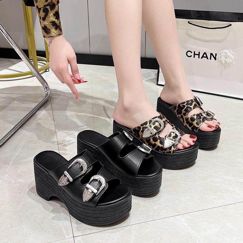 Fashion Sexy 9CM Thick Bottom Bow-shaped Women's Slippers Summer Platform Black Buckle Wedge Sandals Ladies Thick Casual Mules Sandalias