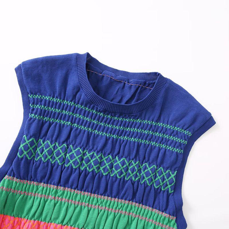 Kaslead New Women clothes Western Style Fashion Color Matching Honeycomb Sleeveless Knitted Top
