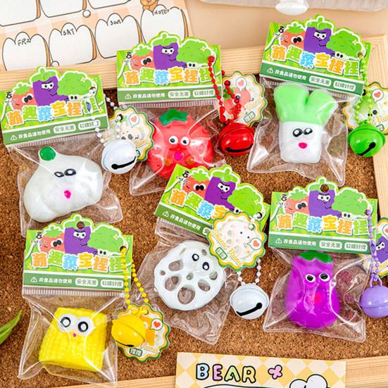 Cartoon Vegetable Squeeze Toy with Bell Ball Chain Stress Slow Rising Vegetable Sensory Fidget Toy Keychain Hanging