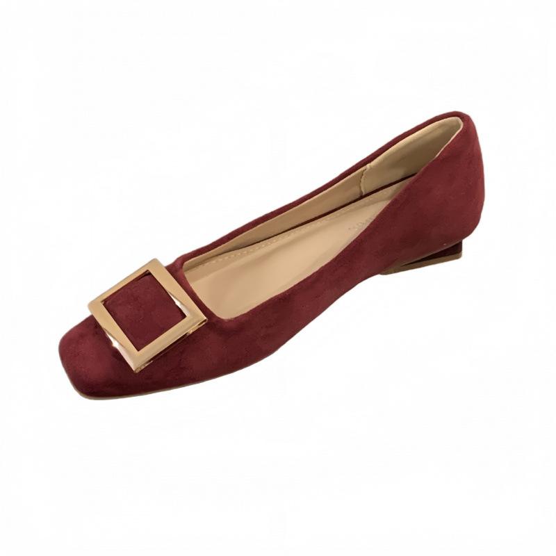 2025 New Korean Version Square Buckle Velvet Square Head Low Heel Single Shoes Burgundy
