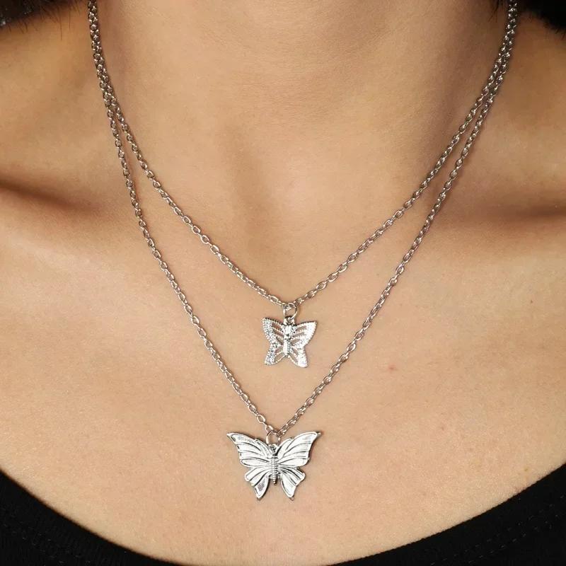 Fashion Punk Classic Double Layer Butterfly Necklace Wedding Jewelry Collar Chain Pendant Neckchain Accessories Creative Gifts