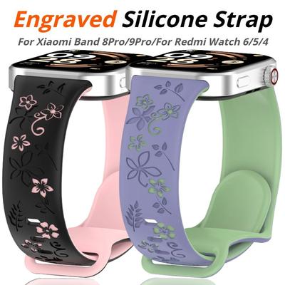 3D Carved Flowers For Xiaomi Smart Band 8Pro 9 Pro Watch Band Silicone Strap For Redmi Watch 4 5 6 Smartwatch Engraved Strap