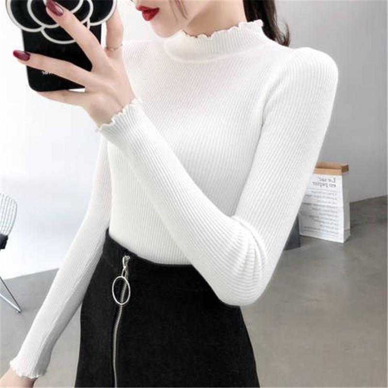 Frühling Herbst Slim Fit Gestrickte Pullover Frauen Lange Ärmeln Geraffte Stricken Tops Halb Hohen Kragen Stricken Pullover
