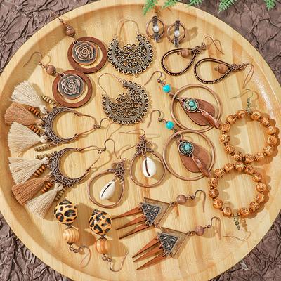 Women European American Fashion Retro Wooden Bead Tassel Earrings Handmade Woven Geometric Hollow Wood Jewelry For Ladies