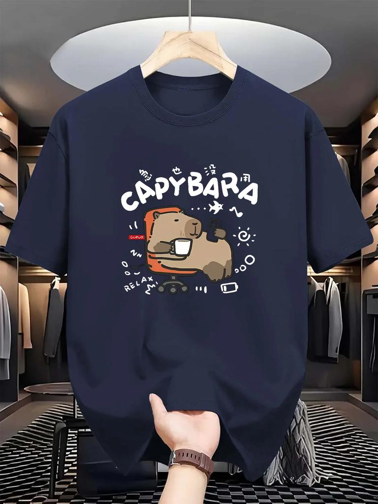 [ Capybara Tee] Breathable  Men's Capybara Graphic Tee - Casual & Comfortable Short Sleeve T-Shirt for Summer, Machine Washable