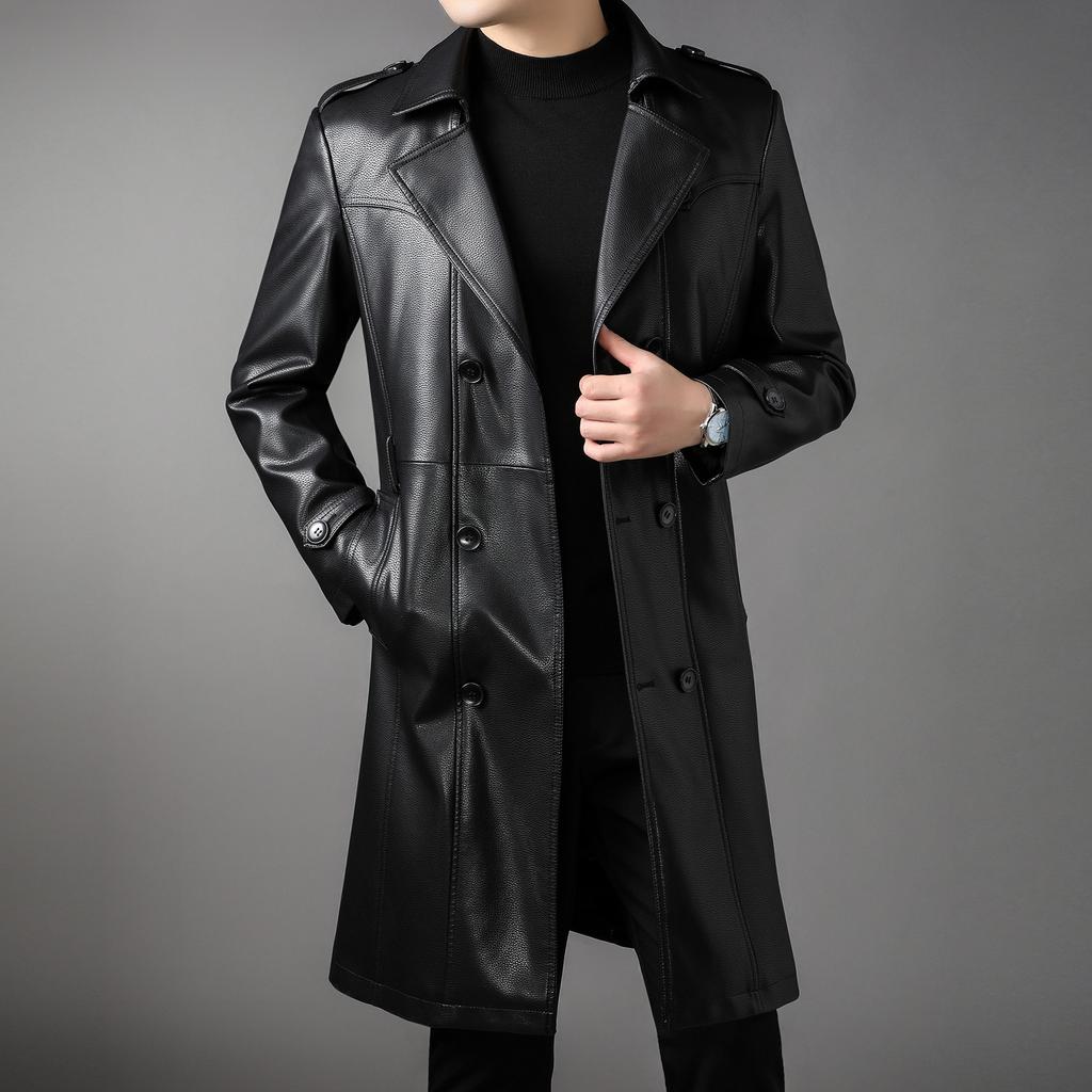 Męski długi skórzany płaszcz jesień i zima nowy aksamitny dwurzędowy biznesowy swobodny pasek skórzany płaszcz skórzana wiatrówka męska kurtka
