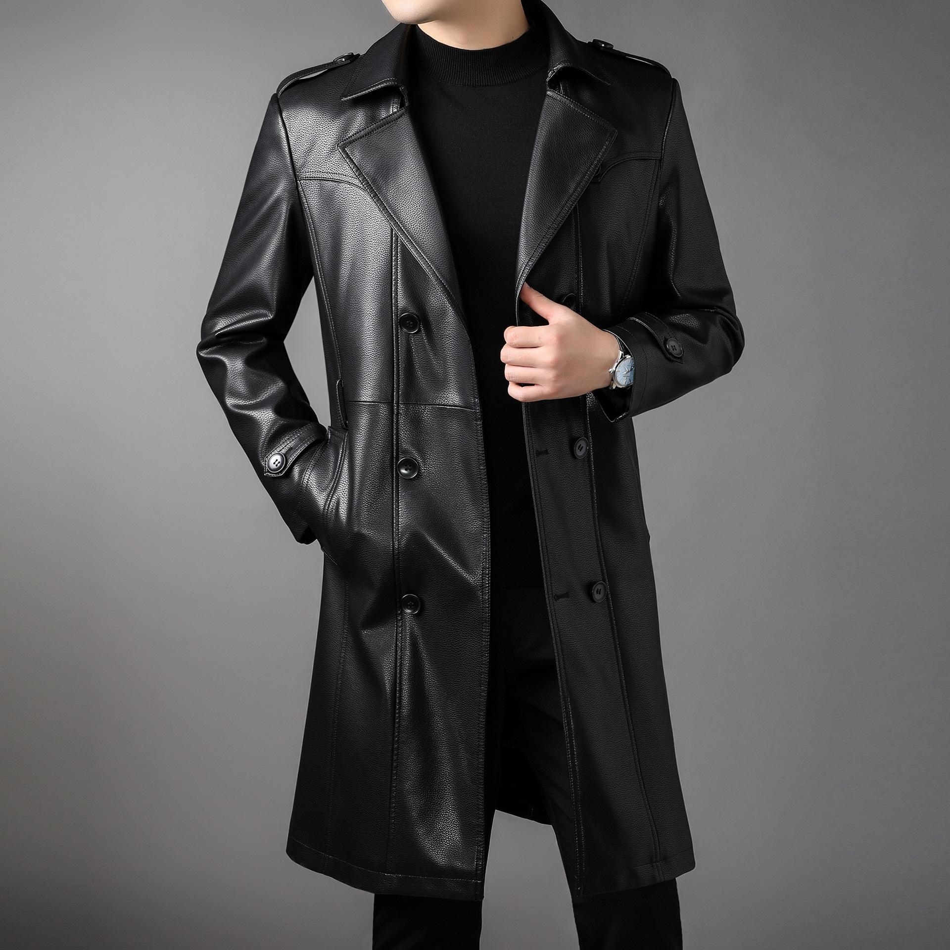 Мужское длинное кожаное пальто осень-зима новое бархатное двубортное деловое повседневное — фото 5