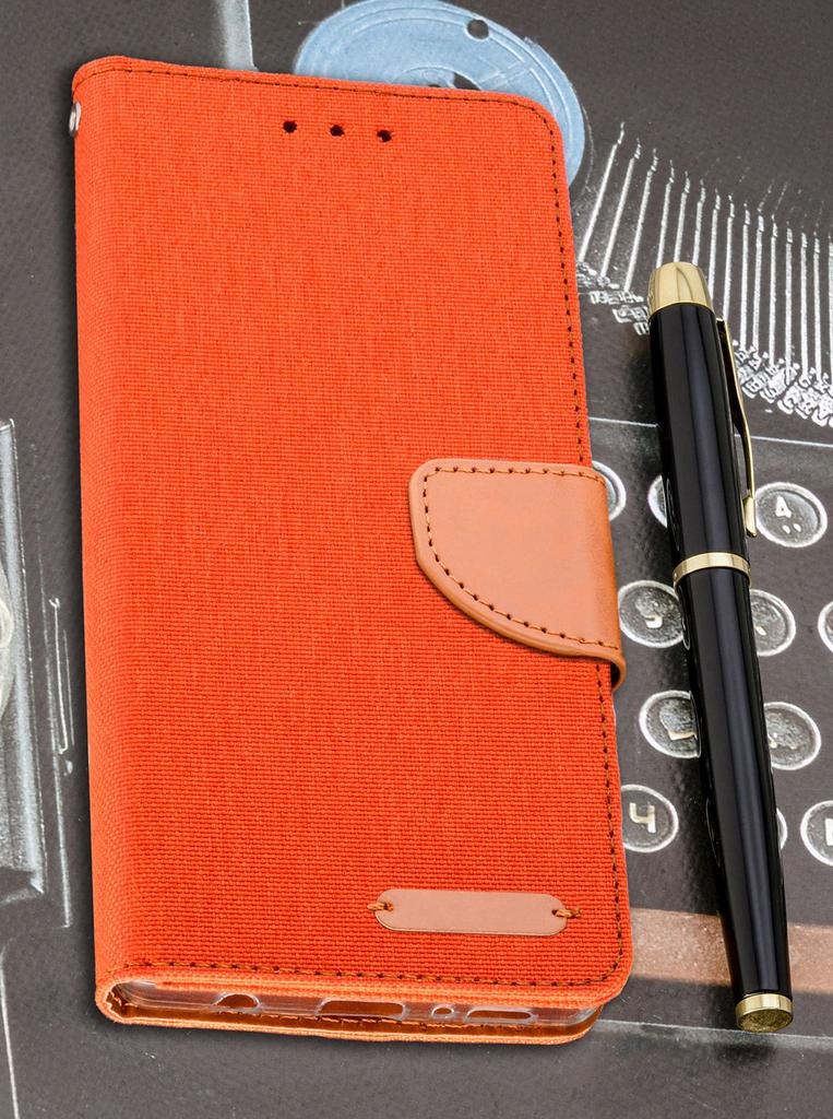 Etui Typu Portfel Do Oppo Reno 14 5G - Pomarańczowy  Pokrowiec Canvas + Szkło