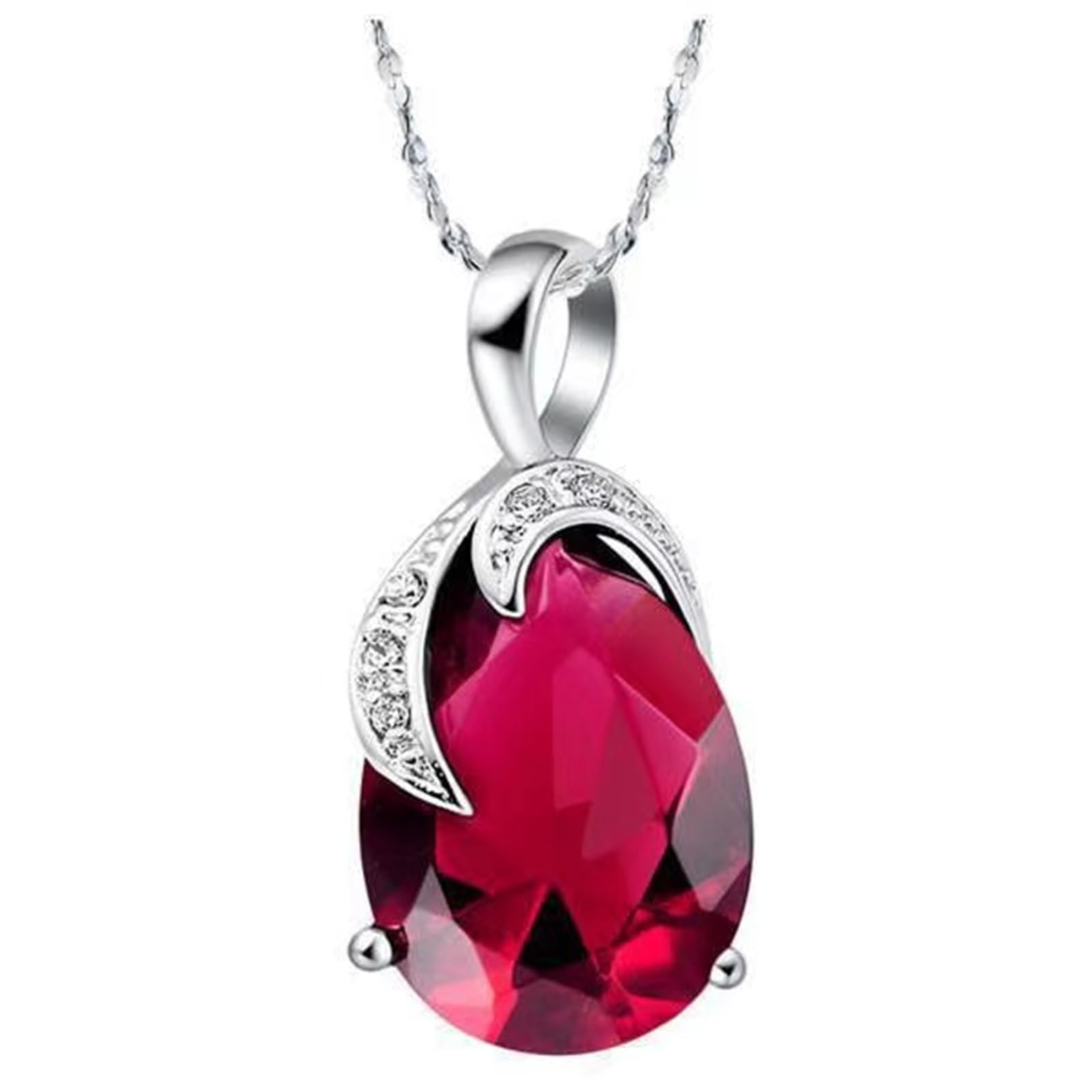 [VONSSY] Oval Pendant Gemstone Necklace - Crystal, Ruby, Teardrop, Birthstone, Emerald, Sapphire Necklace - 18K Platinum Gold Plated Chain, Silver